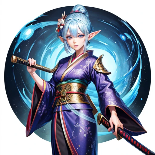 An adult elf with sapphire hair and wearing a kimono holding a Japanese sword　A detailed drawing of a Japanese sword　　