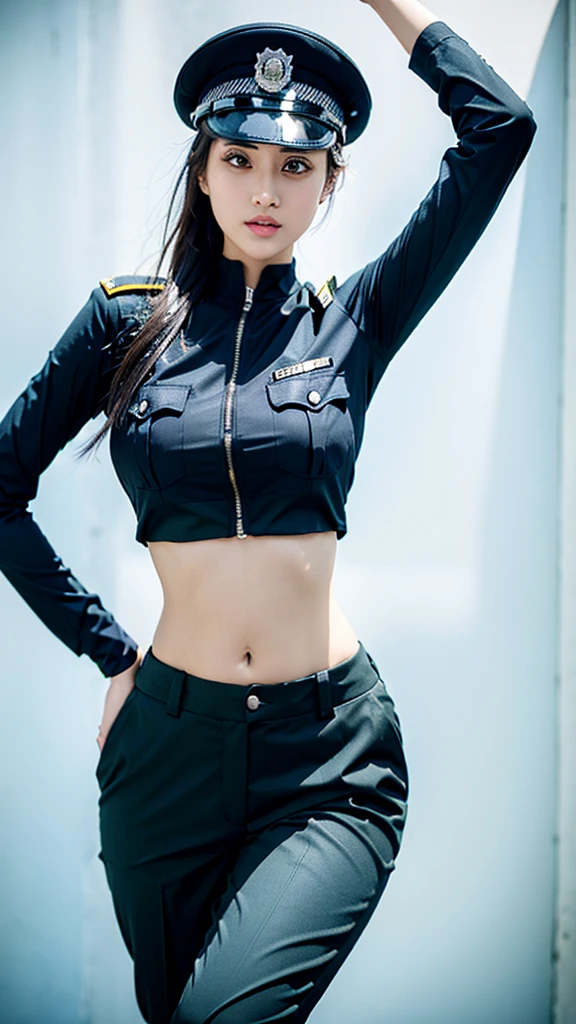 
Women in crop top police uniform, police  pants, showing navel, fat