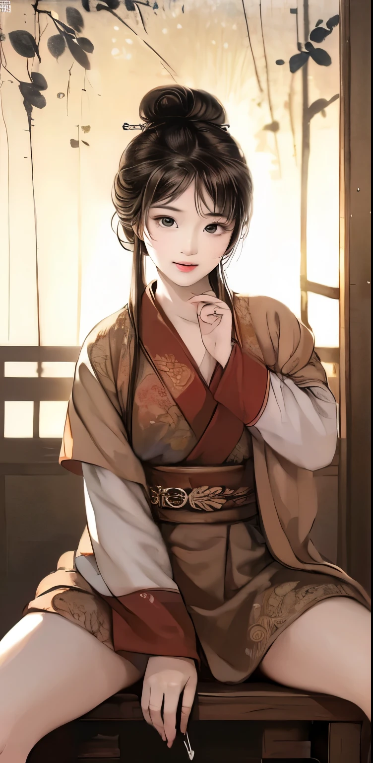 ((high-definition Chinese traditional paint image, hanfu)), eyes realistic sizing, realistic skin, drooping eyes, smiling, (standing and spread legs), ((intense masturbate)), strong sunlight, old fashion,