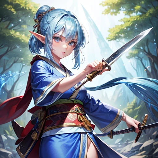 An adult elf with sapphire hair and wearing a kimono holding a sword　Draw a sword in detail　　