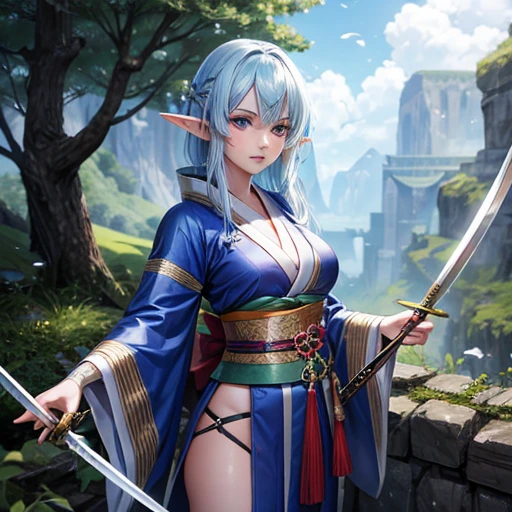 An adult elf with sapphire hair and wearing a kimono holding a sword Draw a sword in detail