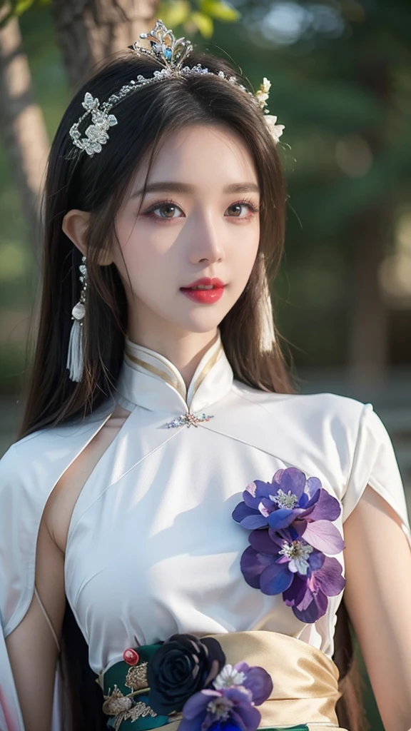 a close up of a woman in a dress with a hair band, a beautiful fantasy empress, beautiful and elegant elf queen, ((a beautiful fantasy empress)), white hanfu, palace ， a girl in hanfu, full body xianxia, fantasy art style, pale milky white porcelain skin, very beautiful elven top model, inspired by Lan Ying