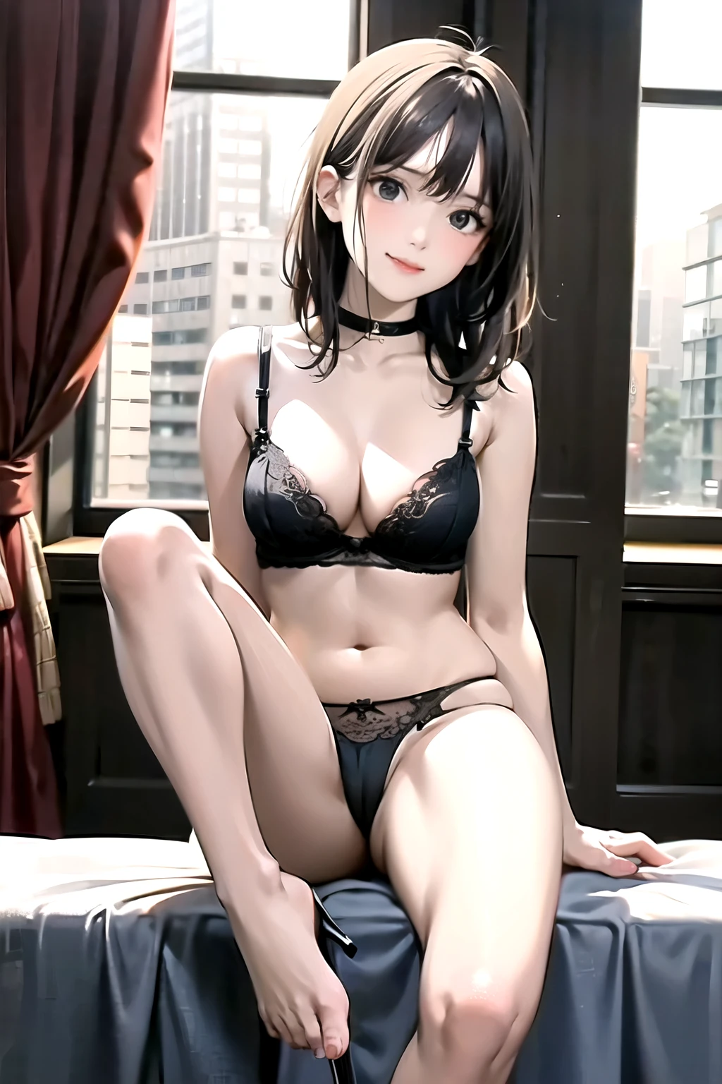 A beautiful woman in black is in front of me,One foot wears black high heels,One foot with the sole facing me,A face full of sexual desire,Wearing sexy lingerie,No other clothes were worn