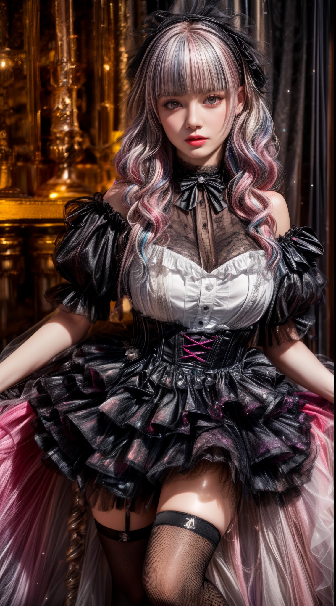 Pink Hair、Light gray hair、Gradient Hair、Multicolored Hair、ta dress with delicate embellishments、Slender women、Cute Woman、 8K Ultra HD, Delicate texture, Long Hair、(((blunt bangs)))、(((Drill Hair)))、Big Breasts、Tutu skirt、Knee-high socks、Rubber Soul Shoes、((Goth))、mini skirt、((Delicate photo)),(Girl Astepeace RAW Photo Details:1.25), (highest quality:1.6), (超A high resolution:1.5), (Realistic:1.75), 8K resolution, Canon EOS R5, 50mm, Absurd, Ultra-detailed,Cinema Lighting、