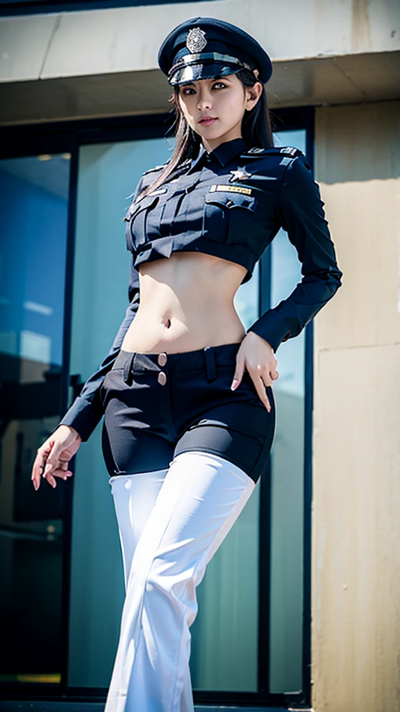 
Women in crop top police uniform, police  pants, showing navel, fat