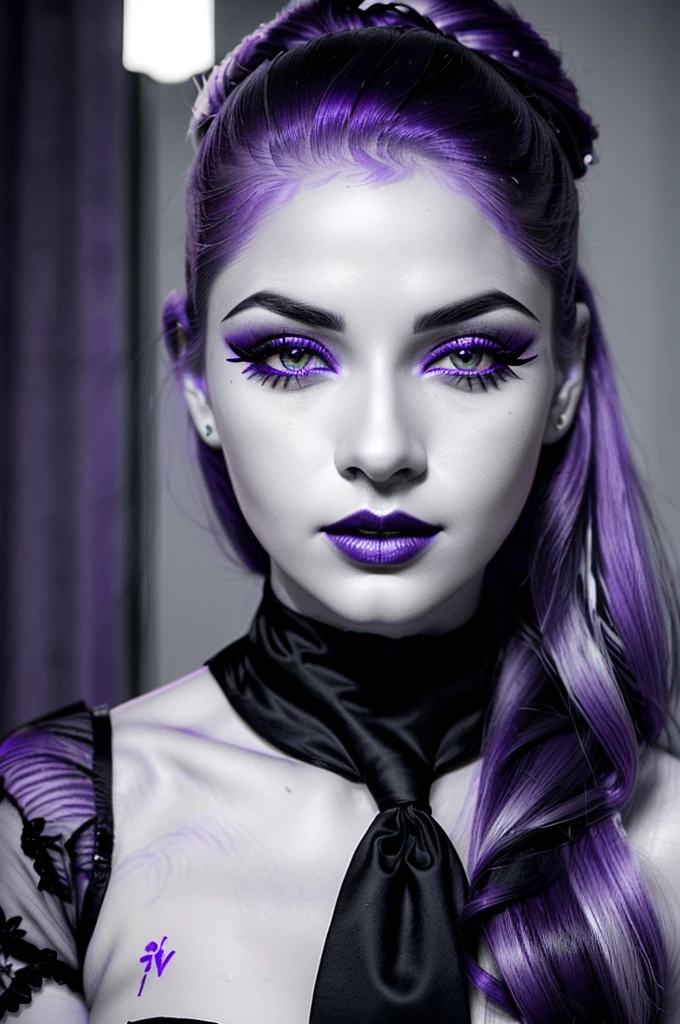 Very sexy girl, Detailed lips, detailed eyes, detailed eyelash, detailed face, cheveux violet, visage de séduction, ((violet make-up)), photo du milieu du corps, ((porter un costume)),(( Une cravate violette, photo noir et blanc et violet, only black and white and purple photo)), (((photo noir et blanc et violet, only black and white and purple photo, purple only on iris and make-up and hair, pale white skin)))