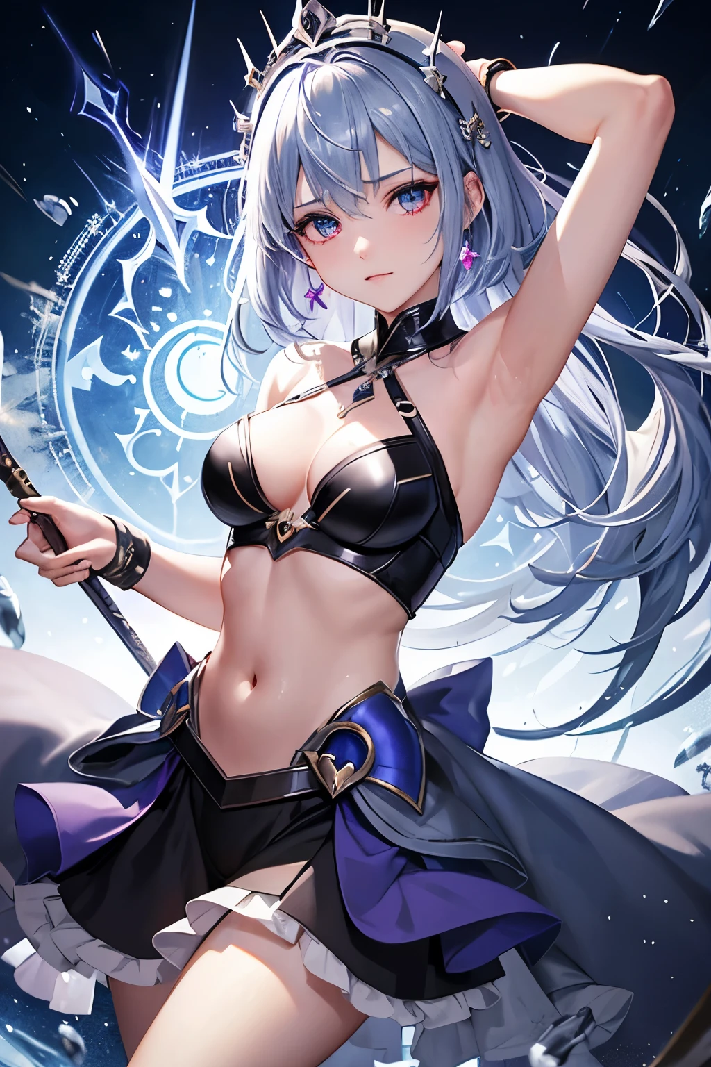 (((highest quality、first-class、masterpiece、Normal body、8k、Detailed face、Ultra-precision、Normal hand、Normal finger、5Finger、)))Brightly colored hair、Silver-turquoise hair、Short Hair、Shortcuts、Sleeping habit head、Unshaven Head、Small breasts、Beautiful body、Brave、Brave Princess Knight、A sad expression、A look of amusement、Moist eyes、Legendary Sword、Sword of Light、Dragon Sword、Sword and magic circle、Magic Sword、The Great Magic of Light、huge magic circle、Shiny Tiara、Silver Breastplate、knight armor、Dress Armor、metalic armor、Armor Skirt、Silver Leotard、Navel-baring leotard、Green belt、Silver Half Cloak、Evil Eye、Blue and scarlet odd eyes、Heart mark on the eyes、Demon King's Castle、Evil Cave、Swinging a Sword、Sweep with a sword、In combat、Heart mark on uterus、Heart pattern on abdomen、Heart tattoo on belly、Heart mark on navel、The Cursed Princess Knight、The Curse of Passion、Princess Knight Under a Spell、Princess Knight Trapped in a Spell、Chains in both hands、Chains on both feet、Chain around the neck、Caught in chains、Caught in chains、Chained、Tangled Chains、I can't escape the chains、Chains that cling、The approaching chain、Locks、Mass chains、Mysterious World、Pink in the Brain、Walking Obscenity、Lewd、masochist、Sexual arousal、Always in heat、defeat、training、slave、obscene、Delusion、Whole body erogenous zone、Sweaty and in heat、Heavy breathing、White Breath、My eyes are hot、Fascinating、Fallen into pleasure、Sexy Princess Knight