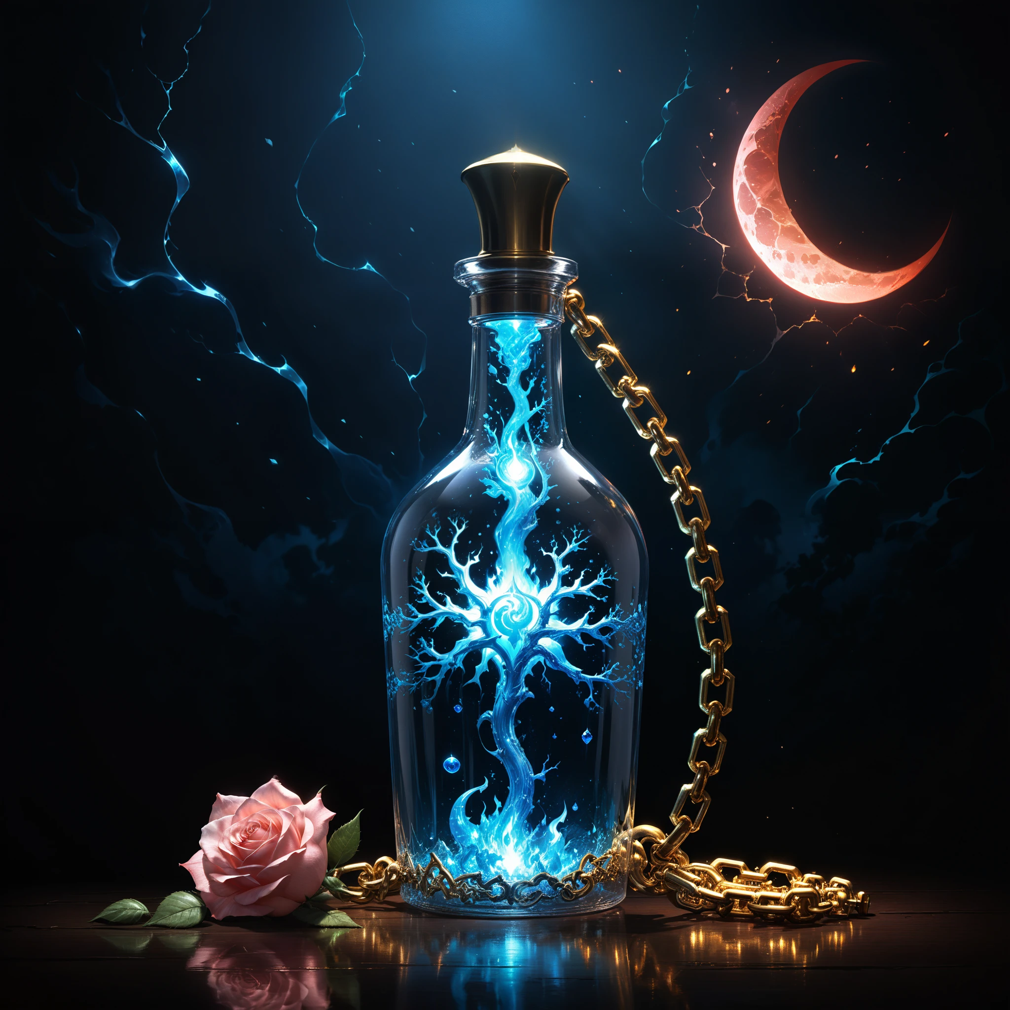 (in style of Ashley Wood:1.3),(in style of Nick Veasey:0.7),
conceptual design of the transparent glass human heart (organ),world of warcraft magic potion bottle concept design,golden potion glass bottle,water in a bottle,bubbles in water,(potion potion:1.5),entangle in a metal chain and lightning bolt:1.3,(chemiluminescence:1.2),(bottle loseup:1.4),the fluorescent liquid glows,(blue fire draws lines:1.6),(Chemiluminescence:1.2),
(the red crescent moon background:1.6),sharp,sharp image,(insanely detailed and intricate, hypermaximalist, elegant, ornate, hyper realistic, super detailed:1.1),extremely detailed,Amazing resolution,8k,Ray Tracing,masterpiece,Particle Effects,Beautiful Effects,(Rose Quartz color:1.3),
BREAK
(darkness:1.4),(extreme shadows:1.4),(Best Shadow:1.4),dark atmosphere,world of warcraft style,