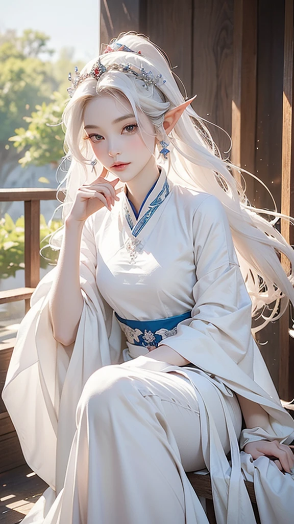 a close up of a woman in a dress with a hair band, a beautiful fantasy empress, beautiful and elegant elf queen, ((a beautiful fantasy empress)), white hanfu, palace , a girl in hanfu, full body xianxia, fantasy art style, pale milky white porcelain skin, very beautiful elven top model, inspired by Lan Ying