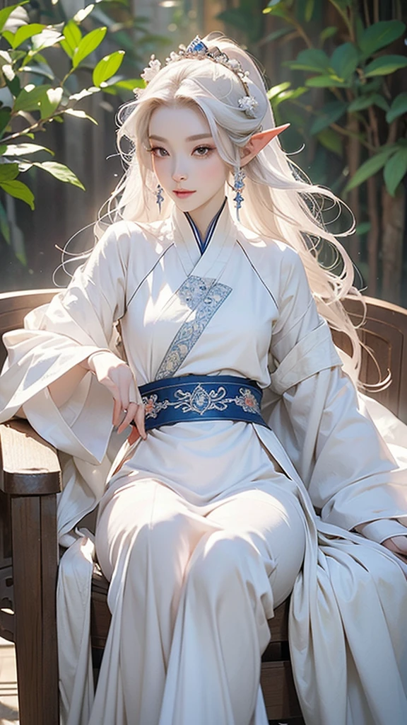 a close up of a woman in a dress with a hair band, a beautiful fantasy empress, beautiful and elegant elf queen, ((a beautiful fantasy empress)), white hanfu, palace , a girl in hanfu, full body xianxia, fantasy art style, pale milky white porcelain skin, very beautiful elven top model, inspired by Lan Ying