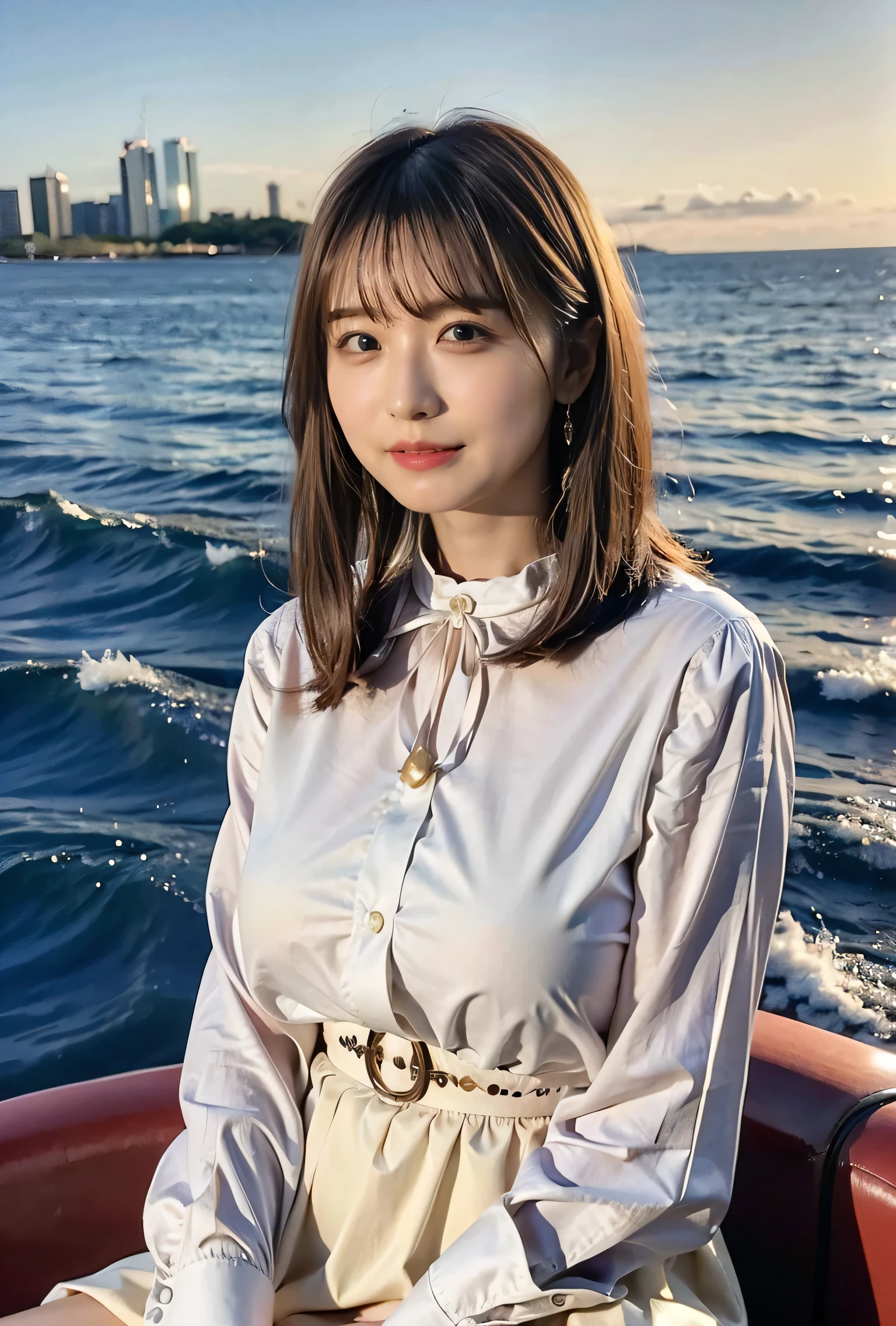 Blue-eyed woman、Tight clothing that shows your body line、The collar of his shirt is open obscenely、Gorgeous white collared silk shirt and brown skirt、Luxurious genuine leather belt、Dress elegantly着こなす、Luxury Bags、、((short hair:1.4))、Skyscrapers seen across the sea、Manhattan Island is visible offshore、A woman on a pleasure boat、Side Ponytail、The sun shines on her、No sleeve、Light brown hair、Light brown hair、The sky was dyed red、There are clouds、It's cute、A woman in elegant clothing is sitting on a boat and watching the sunset、Her huge breasts are obvious even through her clothes.、The shining sun is so beautiful、Dusk is coming、Lens flare、I can see the sun setting、((Sunlight reflecting off the ocean、Ocean View、The sun shines on the sea、'beautiful.、Small earrings、It'evening、Birds are also flying、、Brown Hair Color、Tie your hair、The woman is on the right:1.4))、Luxury Leather Belts、Shiny clothes、Light beige hair color、Background Blur、Braid only the front hair、Light brown hair、{{Cowgirl Shot}}、((Close-up shot from the waist up、Big Breasts:1.4))、Big Breasts、Smile、Silk clothing、Big Breasts that can be seen even through clothes、Braid only the front hair、Cowboy Shot、Gorgeous white collared silk shirt and brown skirt、Dress elegantly、Luxury Bags、A lovely smile、((airplane in the background、I'Coming to the airport))、Full body photo、ring、Short skirt、Tuck your hair behind one ear、Silver Necklace、smile、 Elegant ponytail、Caustics、Highly detailed photos、Very beautiful and ideal short hair、Big Breasts、Super no makeup、(8k、RAW Photos、highest quality、masterpiece:1.2)、(Realistic、Realistic)、1 girl、((Big Breastsshort hair、Looking into the camera:1.4))、Hair blowing in the wind