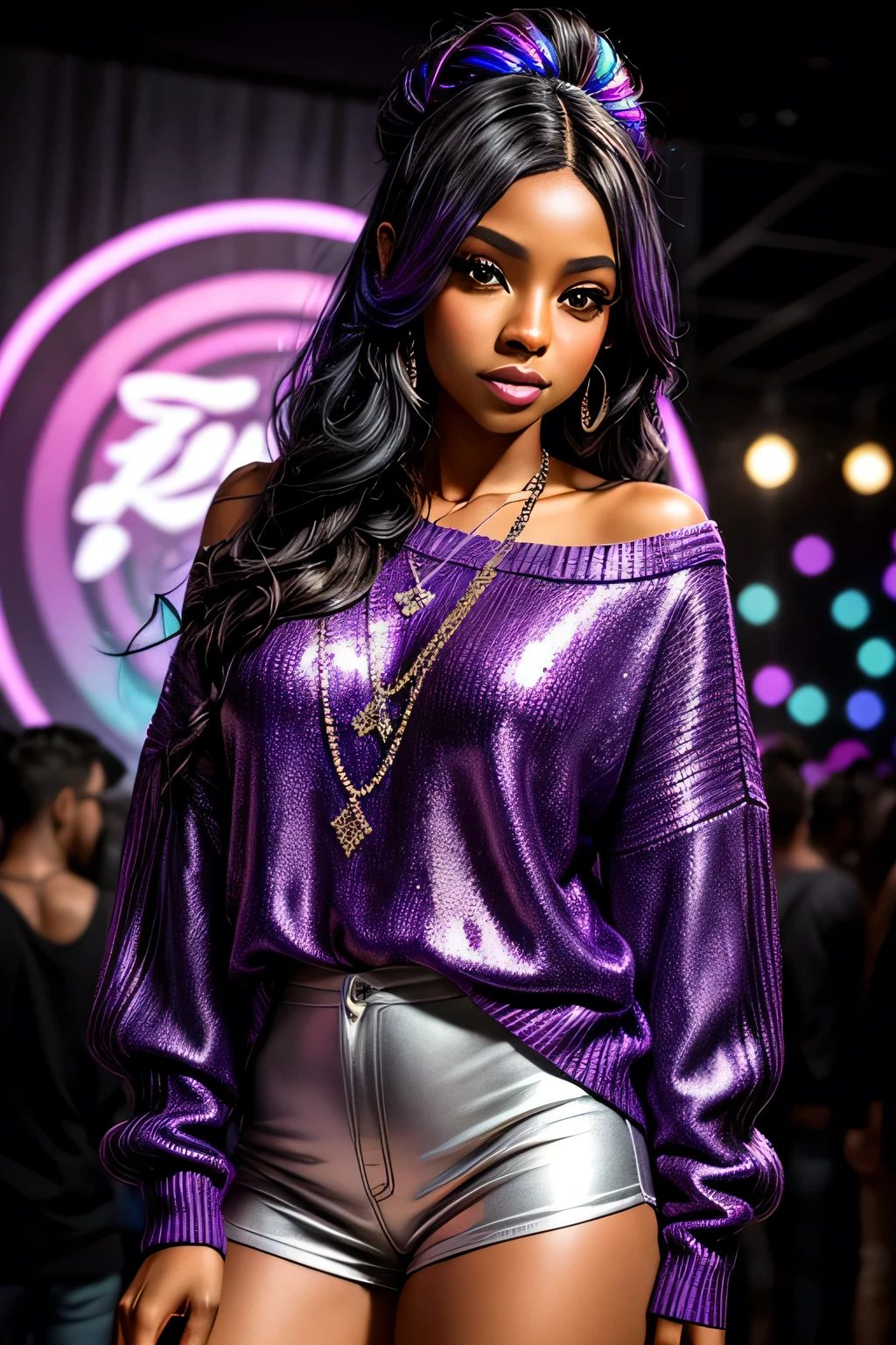 Watercolor and metallic touches, por ebony, lindo e poderoso, with iridescent purple glitter sweater. Entre luzes de discoteca