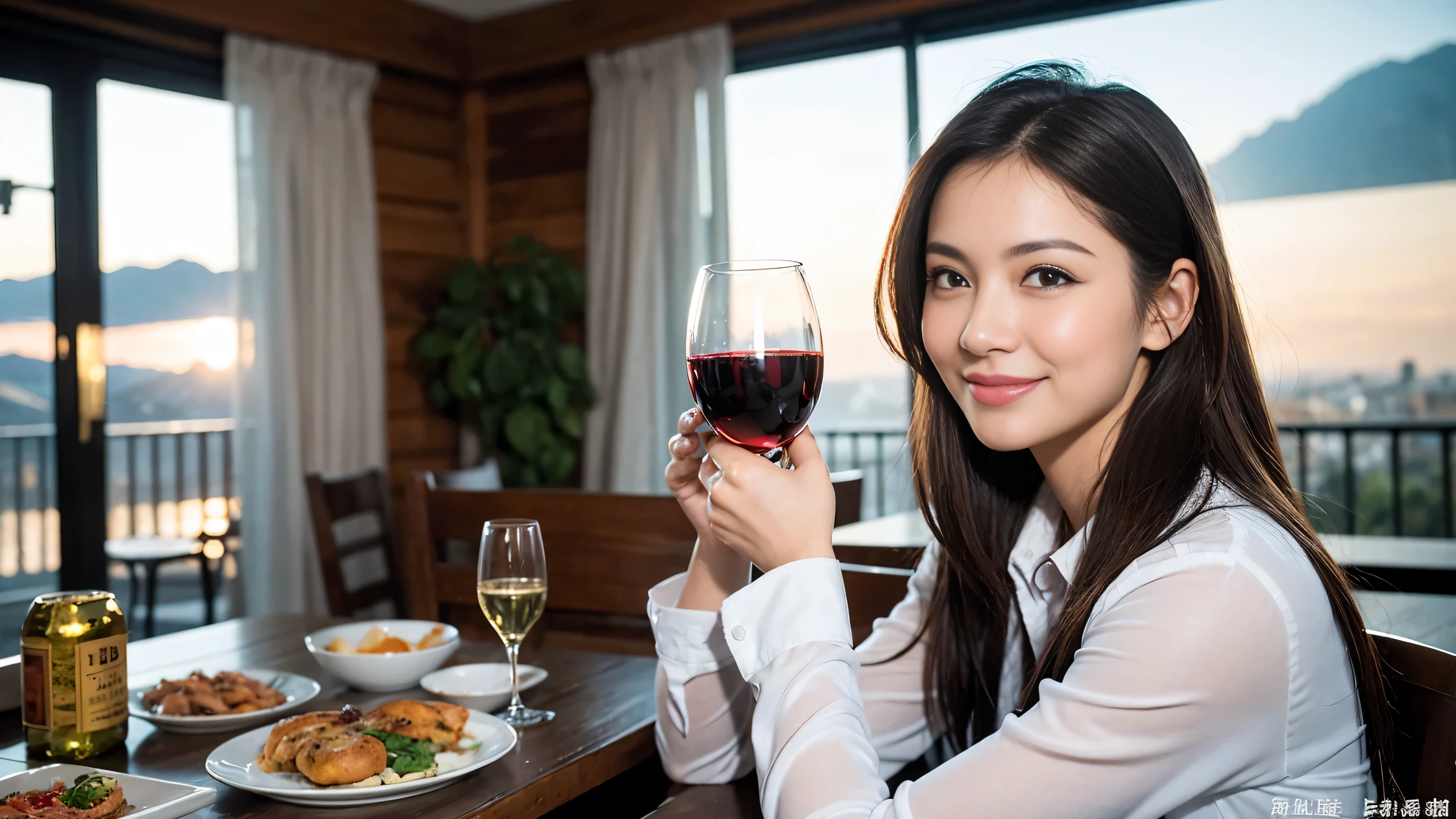 ((highest quality、8k、masterpiece:1.3))、1 male、1 female、Couple、Spouse、Couple、The body is slim、((Bob Hale、Straight hair:1.2)), (Realistic, Intricate details:1.2), Wine glass on the table、Shine light on your face、 Amazing view of the sunset sky and clouds、Amazing mountain views、A bright smile、The wonderfulness of smile、Bright image、The beauty of wine, Beautiful Face, blue eyes, The light shines on your face, Blushing, short hair,Bright Face、 (Age 37), 39 years old, red wine 、Appetizers、Italian food、Wine bottle、Champagne、sparkling wine、Two beauties、Brown Hair、Shortcuts、Long sleeve shirt、dress、Pretty Woman 1, (Slim face), (The body is slim), (Brown Hair), (Shortcuts), cheeks turn a little red,Attractive beauty、restaurant, In a prominent place (From the waist up) Nova Frog Style, actress, model, Upper Body, White wine, slim, wine glass, A wine glass placed in the center, smile, (smile: 1.15), Beautiful fine grain, Depth f/2,saturation, High Contrast, Strong light and shadow,Moist Body:1.5、3D texture、Delicate eyes、Brown Hair、The hair is very shiny、