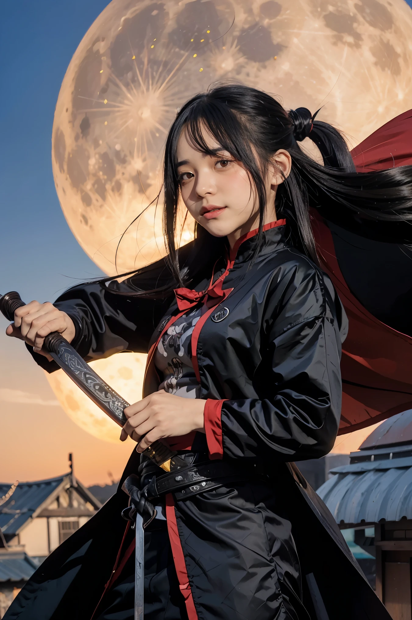 Anime character with long hair holding a sword in front of a full moon, cute face in Demon Slayer art, Kimetsu no Yaiba, inspired by Demon Slayer, Yoriichi Tsugikuni, Demon Slayer Artstyle, Demon Slayer anime image, Tanjiro Kamado