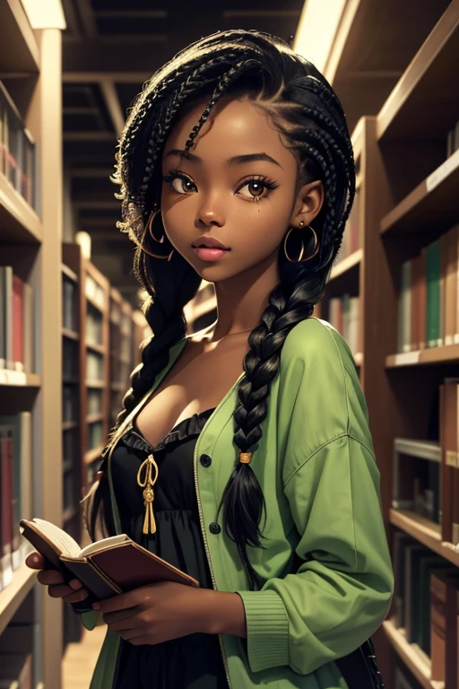 (masterpiece, best quality), deep ebony 1girl, beautiful face, freely hanging braids, library , cute, street clothing, beautify, Lofi vibe, green clothing, cute night vibe, concentrated