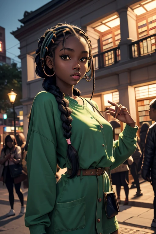 (masterpiece, best quality), deep ebony 1girl, beautiful face, freely hanging braids, library , cute, street clothing, beautify, Lofi vibe, green clothing, cute night vibe, concentrated