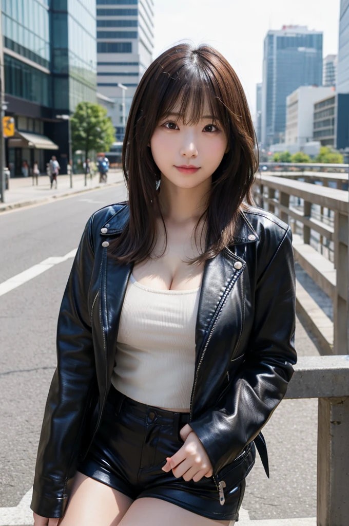 situation: On the roof of a modern skyscraper、clothing: A beautiful woman wearing a black leather jacket and shorts、Pause: Leaning on the fence、Admire views of the city。expression: 思慮深いexpression。Hairstyle: Long curls。(16k, RAW Photos, highest quality, High resolution), High-definition RAW color photos, Professional photos, (Layered silhouette: 1.2), Complex patterns, (Realistic, Photorealistic: 1.3), (Japanese Girls), Big Breasts、Very firm breasts、are not drooping、The cleavage is visible。Too much exposure、(NSFW)、Shine、(Detailed face: 1.2), (masterpiece: 1.5),Fine-grained beautiful skin, (cute: 1.2), (sexy), (highest quality: 1.2), (One girl: 1.3), (solo, soloフォーカス), A completely normal human body type, A depiction of a woman that is faithful to human anatomy, A representation of a healthy, balanced and vibrant woman。Too much breast exposure。
「No deformed or unnatural body parts」No missing limbs。Normal number of heads, limbs。Head, limbs, and thickness are normal for height。The number of heads is one。Body length is anatomically normal。