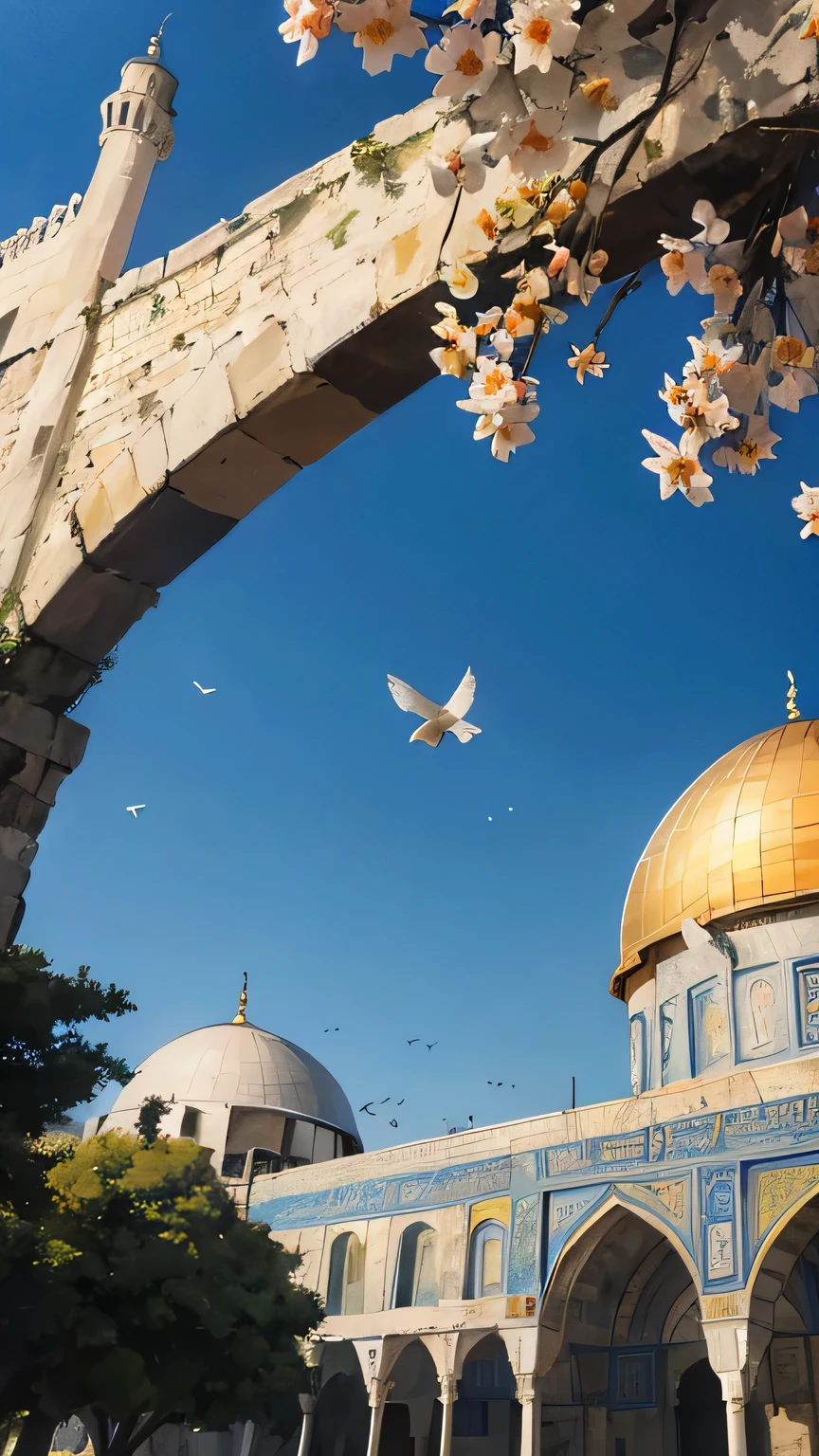 Artistic painting of Al Aqsa mosque in the evening, peaceful and calm, birds flying, some flowers blooming, sky is clear and dominant in image, evening sun light
