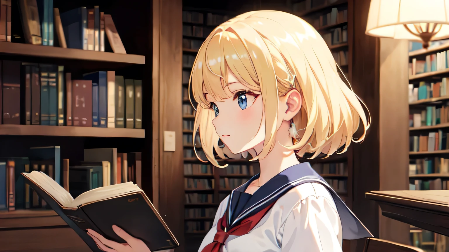 ((highest quality)), ((masterpiece)), (detailed), Perfect Face、8K、library、Reading a book、blonde、Smooth Hair、Sailor suit、Angle from the side、