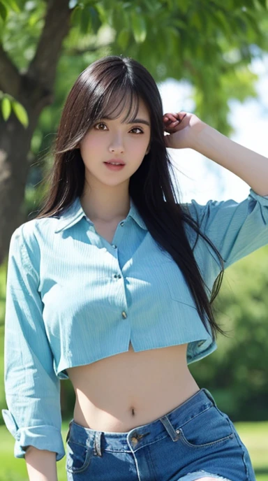 In university, university girl in green crop top button shirt, blue jean, showing navel, prophet 