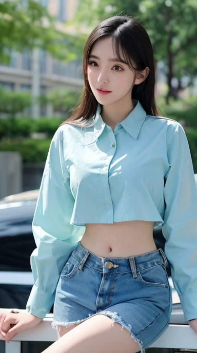 In university, university girl in green crop top button shirt, blue jean, showing navel, prophet