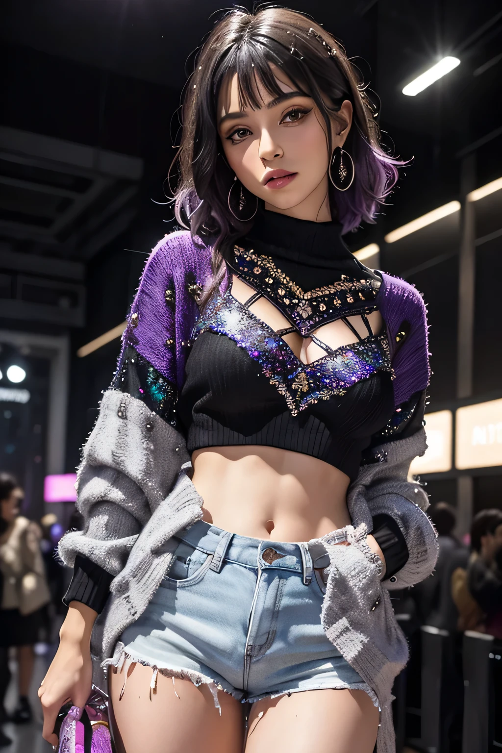 Watercolor and metallic touches, por ebony, lindo e poderoso, with iridescent purple glitter sweater. Entre luzes de discoteca