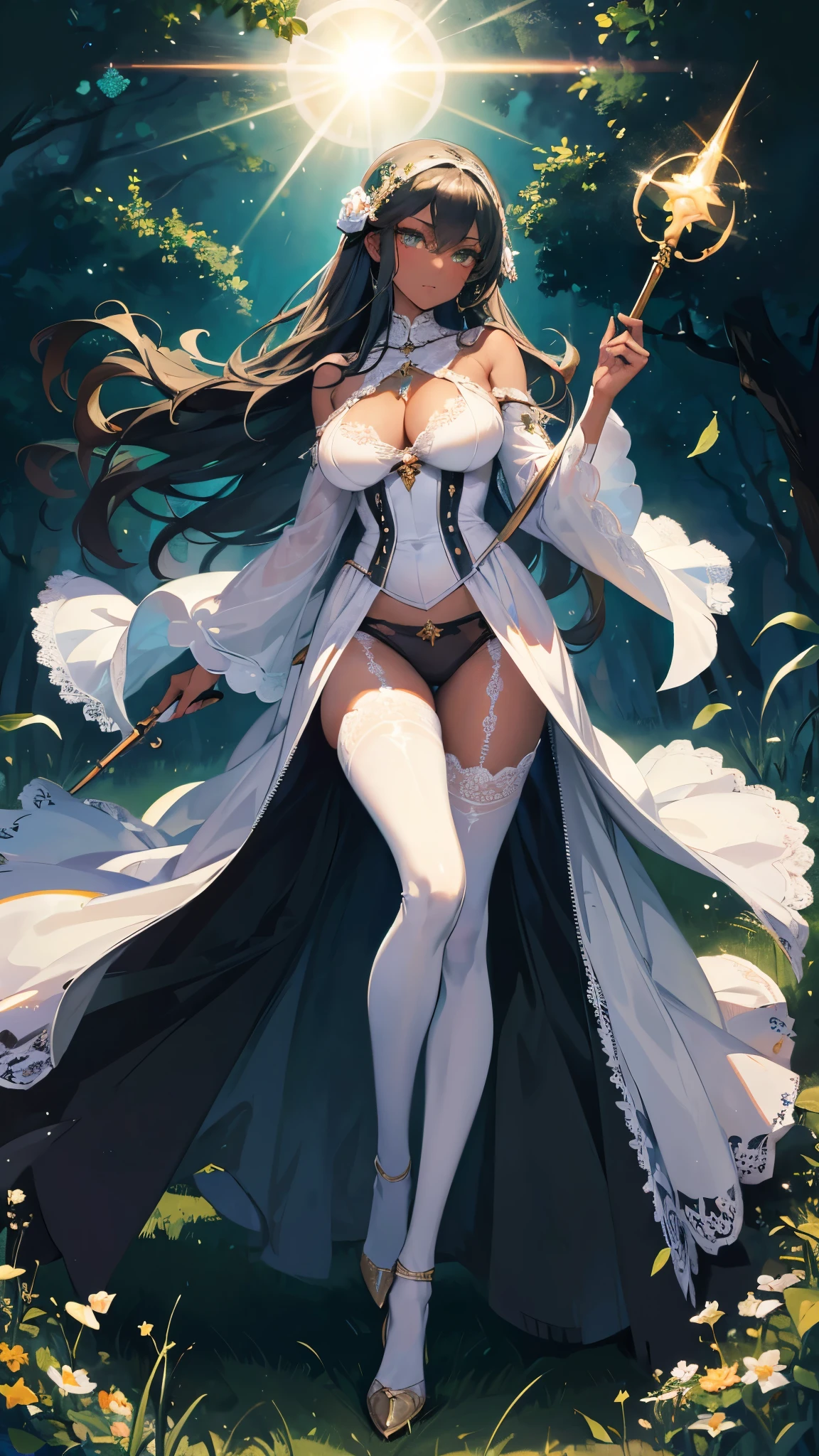 ((masterpiece, best quality)), Delicate face,magician,holding a staff,Full body painting,Perfect body proportions,Large Breasts,Long legs,dark skin,white hair,Green Eyes,Long wavy hair,beautiful eyes,Fantasy style,Extremely beautiful,White background,sun,Holy Light,outdoor,transparent,Sexy Lingerie,Lace,Pantyhose,exposed,Star decoration