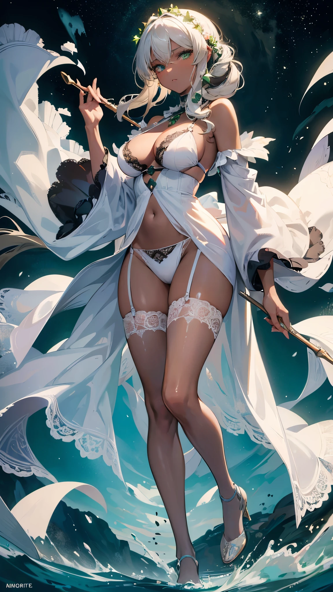 ((masterpiece, best quality)), Delicate face,magician,holding a staff,Full body painting,Perfect body proportions,Large Breasts,Long legs,dark skin,white hair,Green Eyes,Long wavy hair,beautiful eyes,Fantasy style,Extremely beautiful,White background,Extremely beautiful,Clouds,Rose,transparent,Sexy bikini,Lace,Garter stockings,exposed,Star decoration