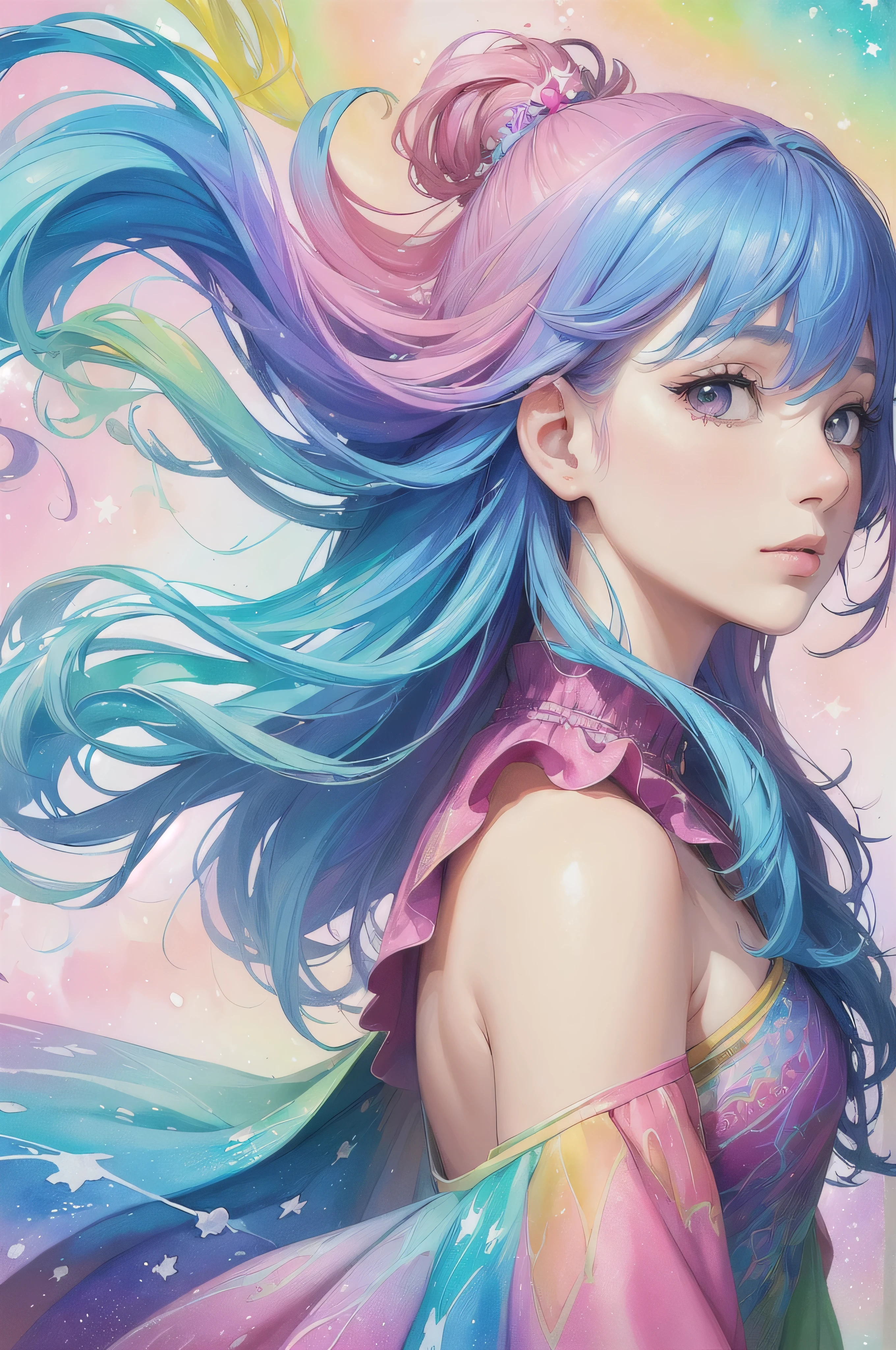(masterpiece, top quality, best quality,watercolor (medium),official art, beautiful and aesthetic:1.2),(1girl:1.3), (fractal art:1.3),upper body, from side, looking at viewer,patterns,(rainbow color Hair,colorful hair,half blue and half pink hair:1.2),water,liquid, cloud,colorful, starry,stars,