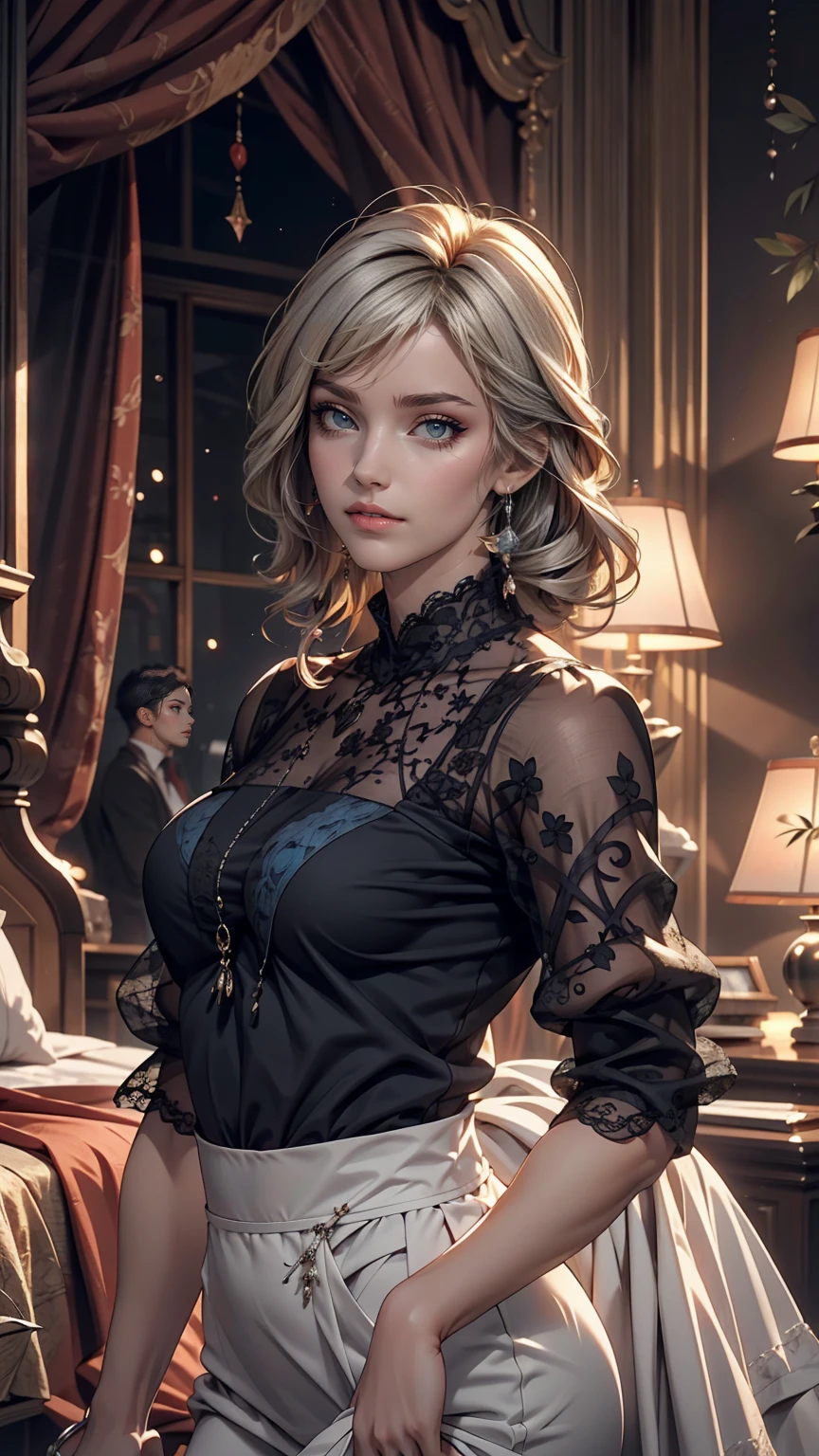 Aristocratic young woman, blonde, blue-eyed girl, short bob, carrier woman, urban skyscraper elevator, black suit, jacket front open, cleavage braless, mini flared skirt slit, ((lace white underwear flicker)), beautiful, thin, underwear bite, butt sticking out, on all fours, buttocks facing this side, hair short bob female, (( White sheer blouse)), no bra, underwear bite, sexy pose, lower body slender, behind the woman there are windows showing various buildings in the city (absurdity, high resolution, super detail), ((no resistance on the bed))