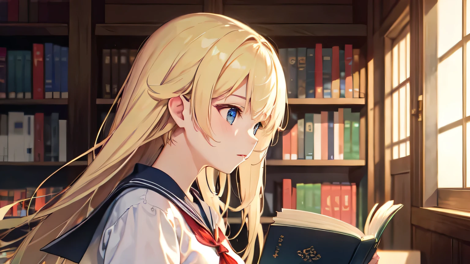 ((highest quality)), ((masterpiece)), (detailed), Perfect Face、8K、library、Reading a book、blonde、Smooth Hair、Sailor suit、Angle from the side、