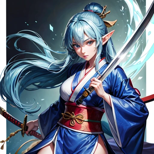 Adult elf with lapis lazuli hair wearing a kimono holding a Japanese sword　A detailed drawing of a Japanese sword　　