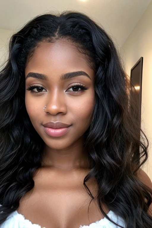 Ebony woman ,mulher negra , tom de pele escuro ,afro ,magra, ,cachos definidos, cabelo longo, cabelo gigante, cabelo preto escuro cacheado, cabelo volumoso de corpo inteiro com roupa casual realista extremamente detalhado com olhos cor de esmeralda, olhos verdes ,olhos de mel brilhantes (Green Iris) and fleshy lips, mulher negra, non-sluggish, realista extremamente detalhado fazendo pose com detalhes rosto perfeito, roupa elegante, roupa moderna , corpo inteiro,