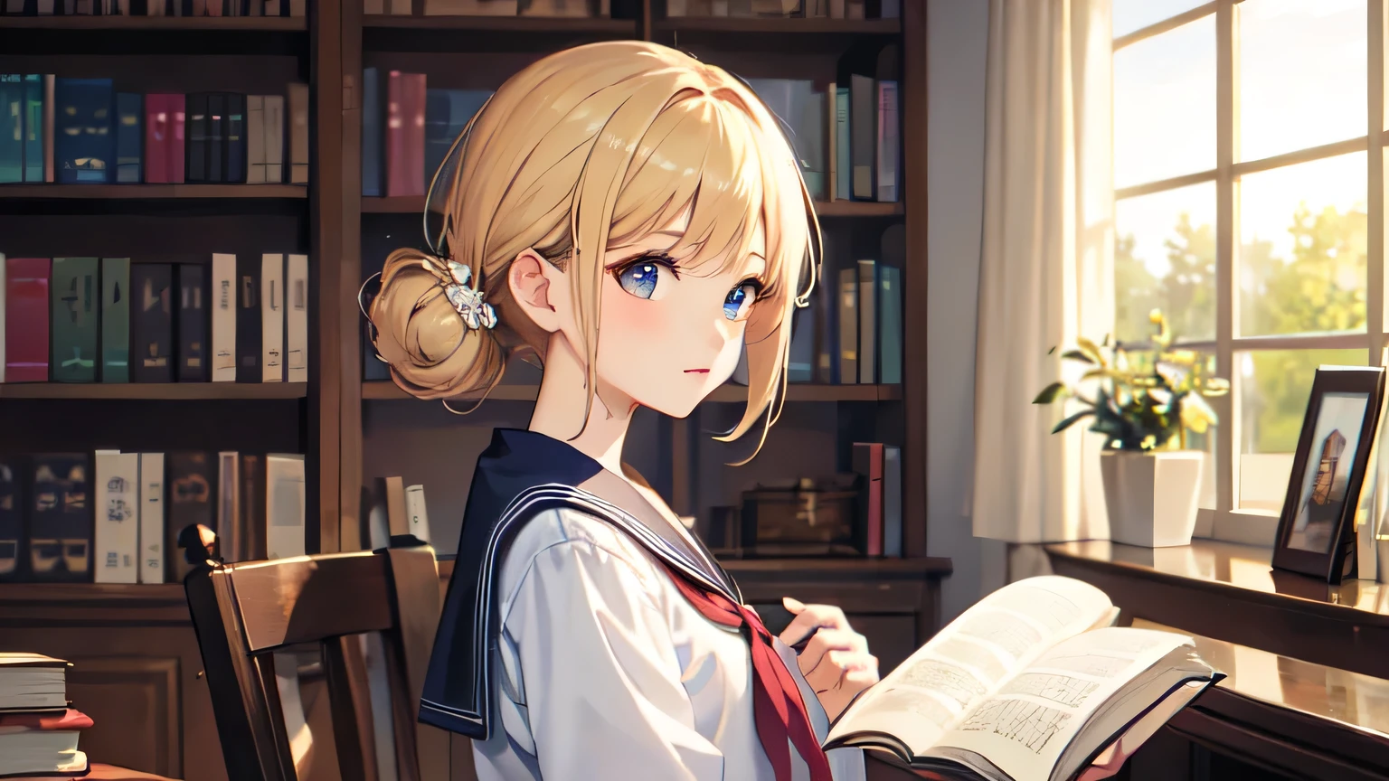 ((highest quality)), ((masterpiece)), (detailed), Perfect Face、8K、library、Reading a book、blonde、Smooth Hair、Sailor suit、Angle from the side、