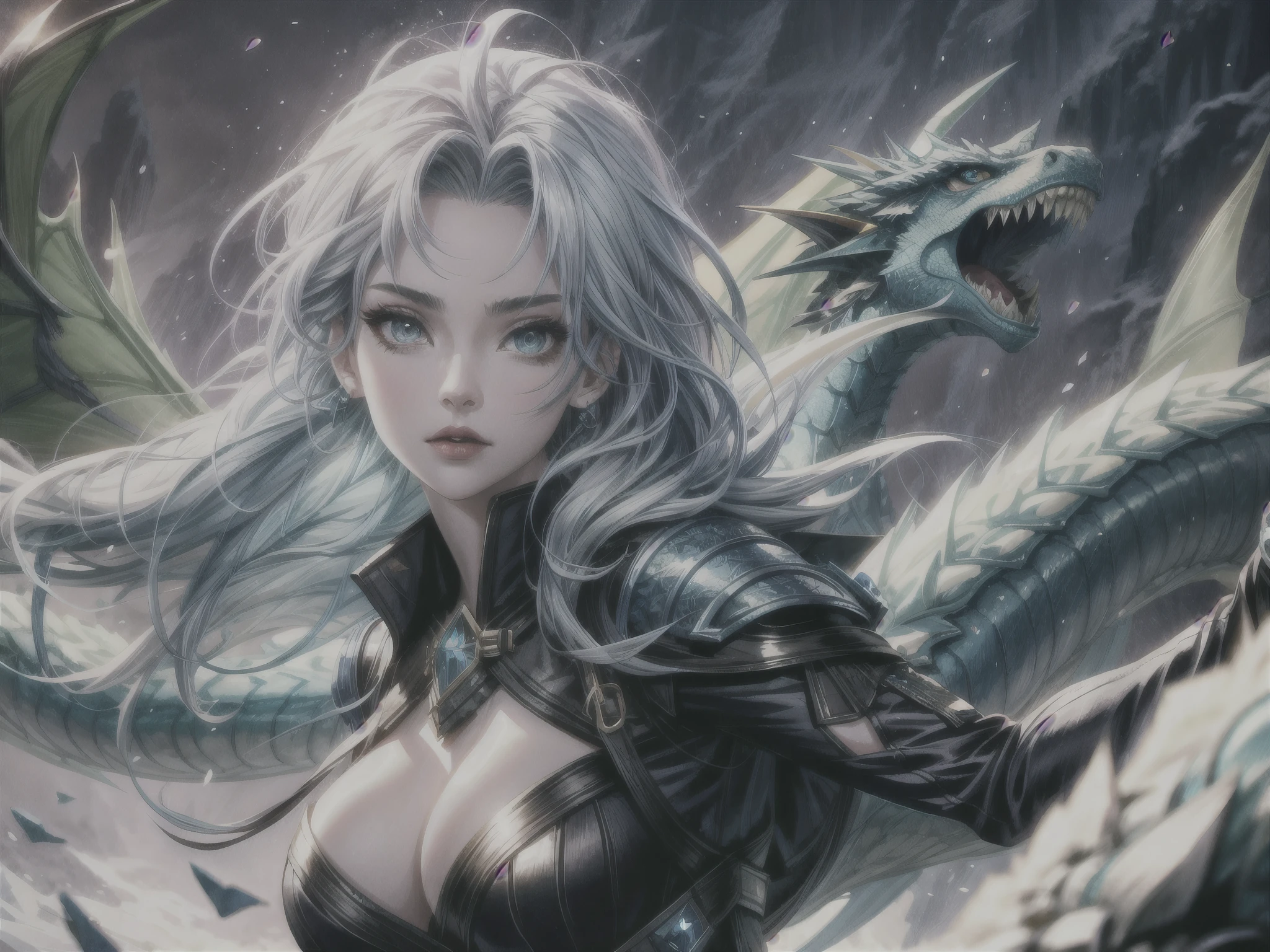 a girl with her frozen dragon elemental, detailed fantasy portrait, detailed face, beautiful eyes, beautiful lips, elegant pose, dynamic action, dragon ice powers, cold winter landscape, snow, ice crystals, fantasy art, digital art, cinematic lighting, dramatic shadows, vibrant colors, highly detailed, 8k, photorealistic,big_dragon:1.2, big_dragon in background, vibrance, saturated color