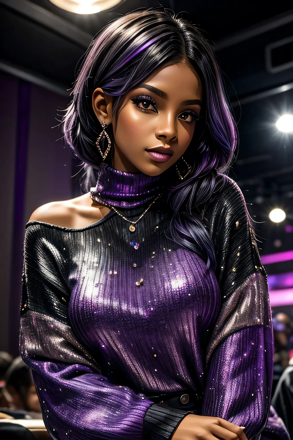 Watercolor and metallic touches, por ebony, lindo e poderoso, with iridescent purple glitter sweater. Entre luzes de discoteca