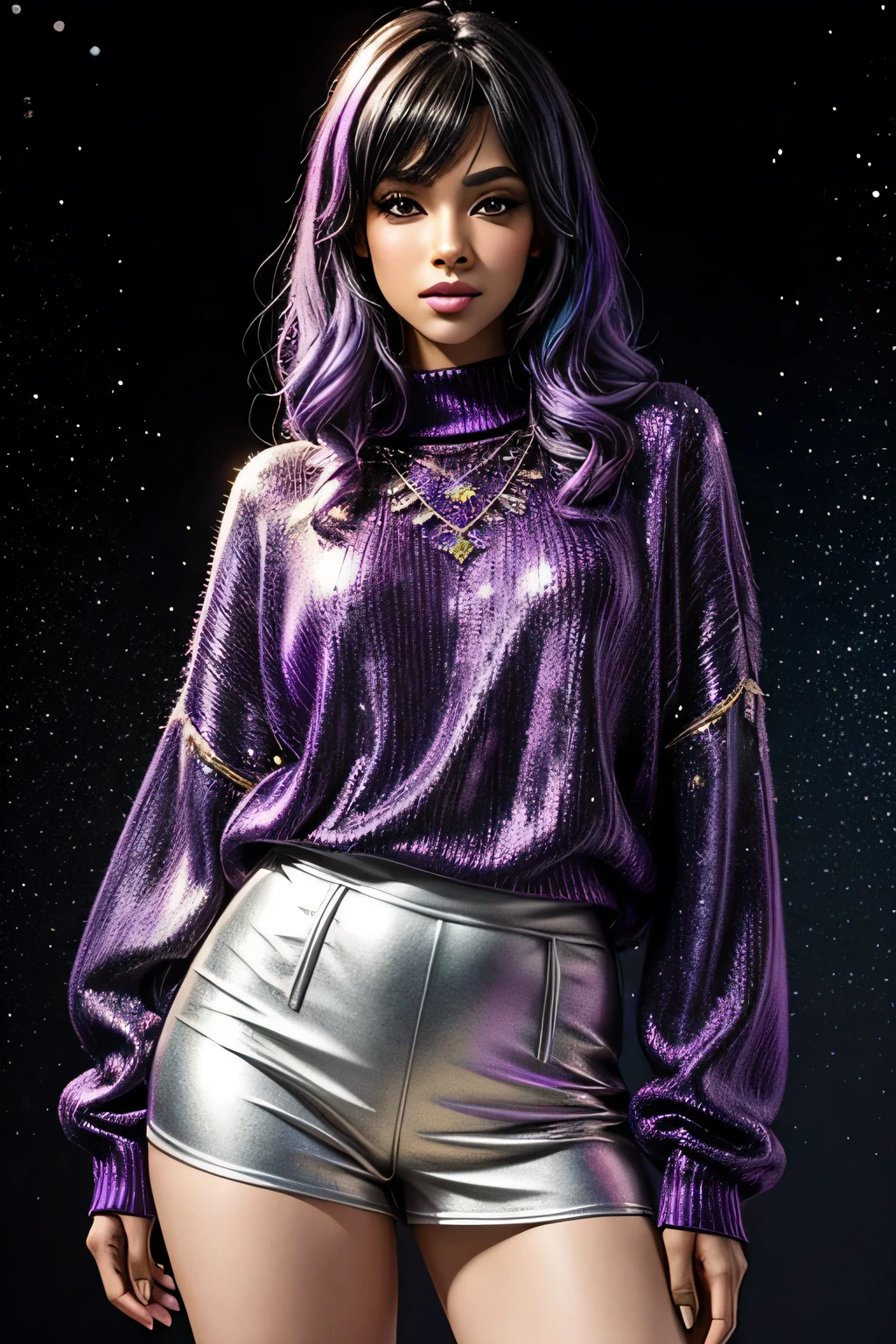 Watercolor and metallic touches, por ebony, lindo e poderoso, with iridescent purple glitter sweater. Entre luzes de discoteca