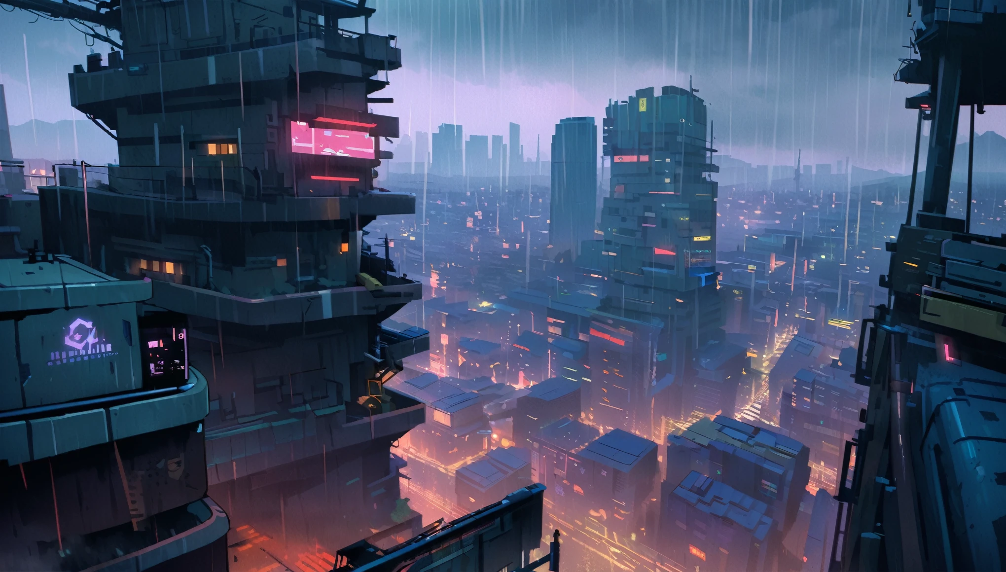 cyberpunk,rooftop,dystopian,city,high quality,4k,eyegasm,red,megabuildings,rain,