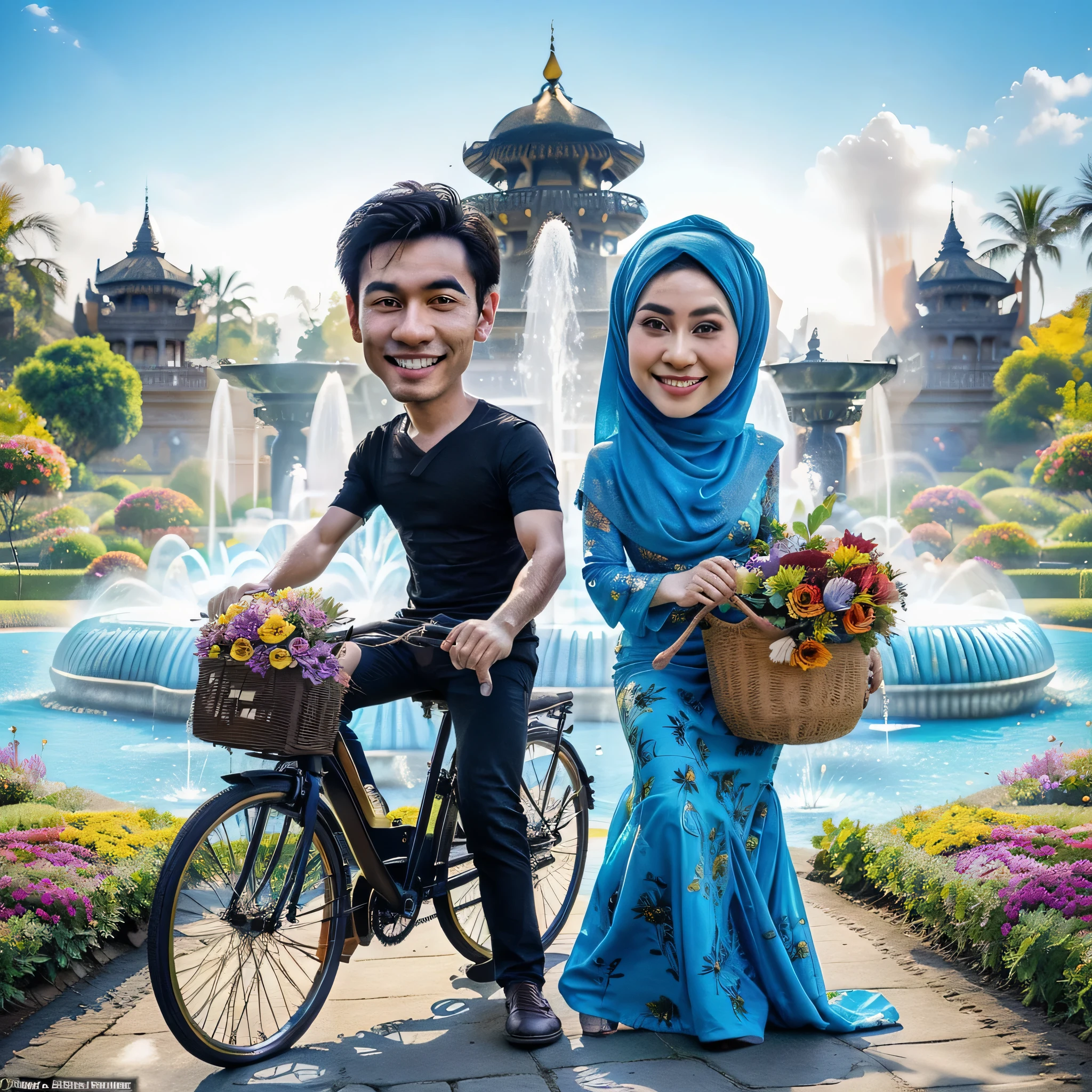 Caricature of a young man wearing a black t-shirt and an Indonesian woman wearing a blue hijab in a beautiful dress riding a unique bicycle in front of an elegant garden background, full of colorful flowers and a large fountain. The image style is modern and cool, with fine details and bright lighting