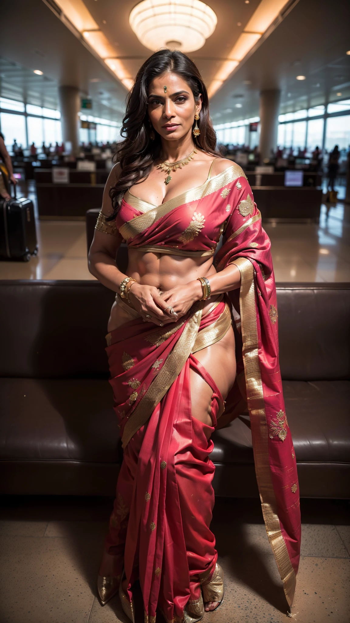 (masterpiece, 8k, highest quality, ultra detailed:1.37), (Nyla), 40 years old, (a sexy muscular indian model: 1.3), (wearing a modern saree: 1.4), cleavage, big tits and ass, classy look, detailed skin texture, (in an airport: 1.4), Photorealistic, mind blowing