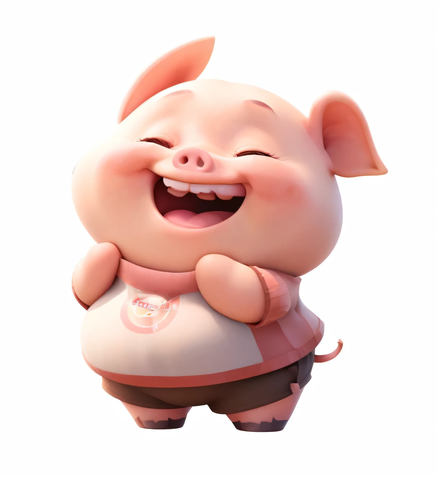 Cute little piglet, wearing short sleeves and shorts, laughing happily with his hands on his chest, white background, in the style of Pixar, full body shot, cartoon character design, high-definition, 3D rendering, cute version of fat characters