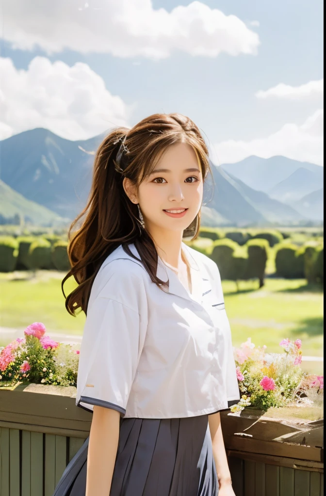 1 Girl,(background: garden),looking at the audience,photoPractical,Practical,Solitary,outdoor:2,Flowers,Blue sky and white clouds,Mountains,audience,Pleated Skirt,