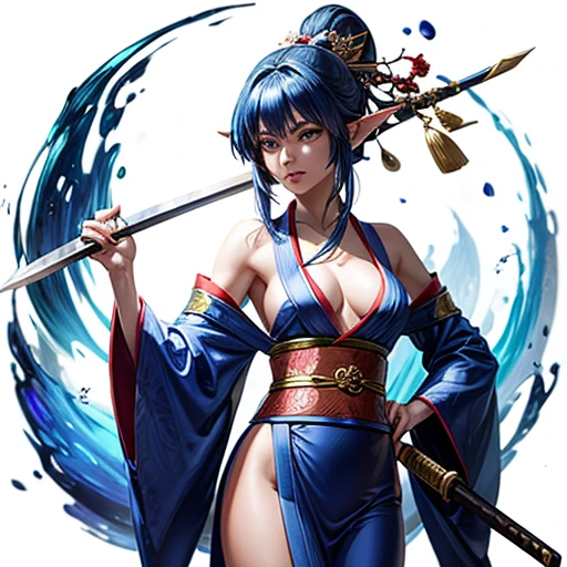 Adult elf with lapis lazuli hair wearing a kimono holding a Japanese sword Draw a sword accurately