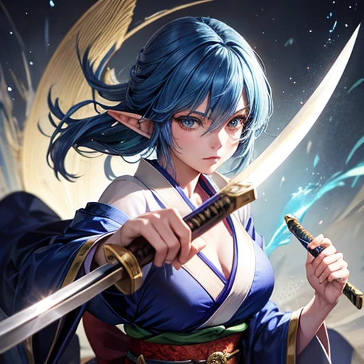 Adult elf with lapis lazuli hair wearing a kimono holding a Japanese sword Draw a sword accurately