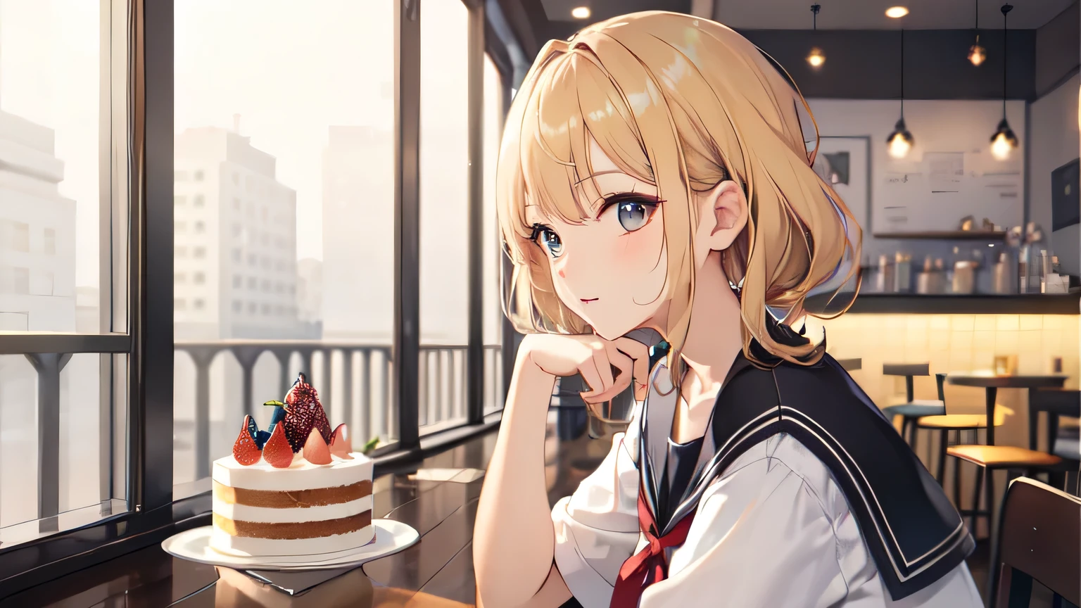 Anime girl sitting at a table with a cake in front of her - SeaArt AI