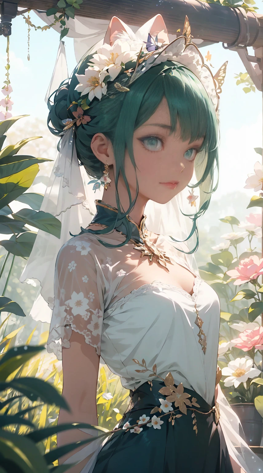 (extremely detailed, best quality), floating, an extremely delicate and beautiful dream-like scene,, , [(1girl),(long purple hair), detailed face, neck ribbon, elegant blue dress, standing on a cloud, (wide shot), (mysterious atmosphere):1.5],, , [(butterfly wings),(fluffy cat),(floral bouquet),(fairytale), (sunshine),(soft light),(pastel colors),(glitter):0.8]