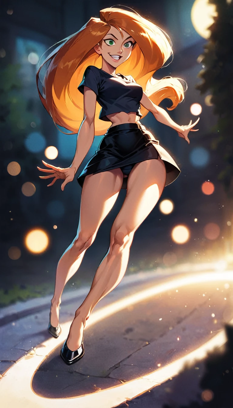 score_9, score_8_up, score_7_up, score_6_up, score_5_up, (high quality, detailed, beautiful), detailed soft lighting, rating_explicit, 1girl, (Kim Possible, orange-red hair:1.5), (black biker jacket over black crop top:1.1), (black leather mini skirt:1.2), in her bedroom, posing, looking sexy, beautiful eyes, open eyes, smiling, (full body portrait:1.2), sharp focus, portrait, studio lighting, bokeh, (masterpiece, best quality), (high resolution), perfect face, flawless, professional artwork, artstation, cinematic lighting, beautiful face, beautiful eyes, large eyes, bright eyes, beautiful smile, perfect hands, anatomically correct, perfect anatomy.