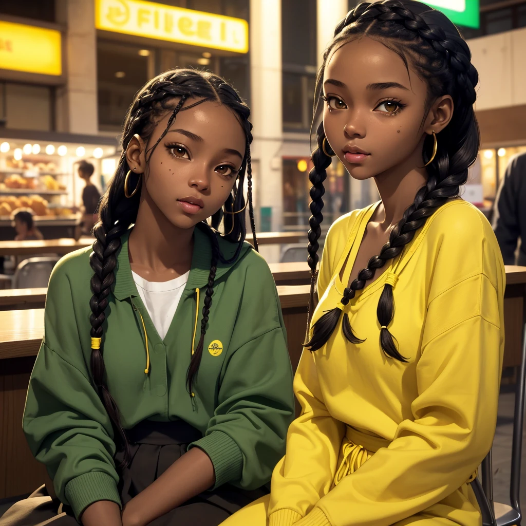(masterpiece, best quality), deep ebony 1girl, beautiful face, freely hanging braids, cafeteria background , cute, street clothing, beautify, Lofi vibe, green and yellow clothing, cute night vibe, concentrated, sitting