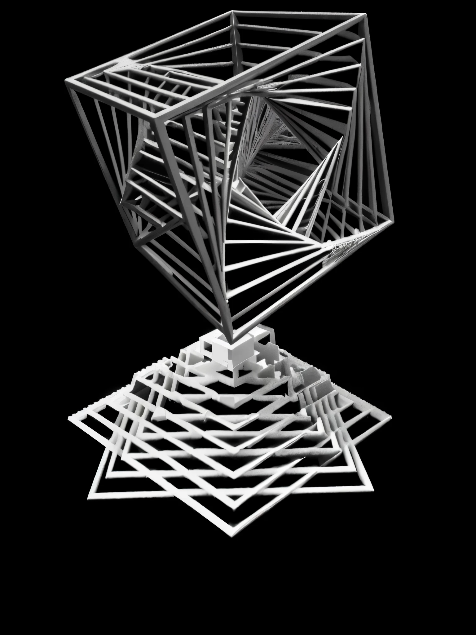 Black and white photo close up of cube, Spatial structure, fractal 3D structure, 3D structure, infinite fractal tetrahedron, Hypercube, Parameter structure, Complex mathematical shapes, abstract geometric sculpture, 几何Hypercube, Fractal automata, 3D Sculpture, 3D Sculpture, Epic 3D Abstract Model, Impossible structure