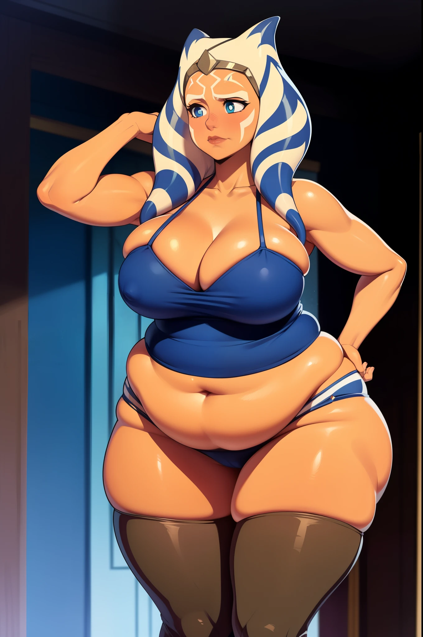 Ahsoka Tano, 1woman, Orange skin, Arabian dancer, chubby, curvy, long lekku, embarrassed, overweight, fat belly, embarrassed about her weight. fat, thick thighs. obese, wide hips, large breasts, wide, rotund, lekku. inside a palace. big breasts, large cleavage, thick thighs, long hair, long montral.